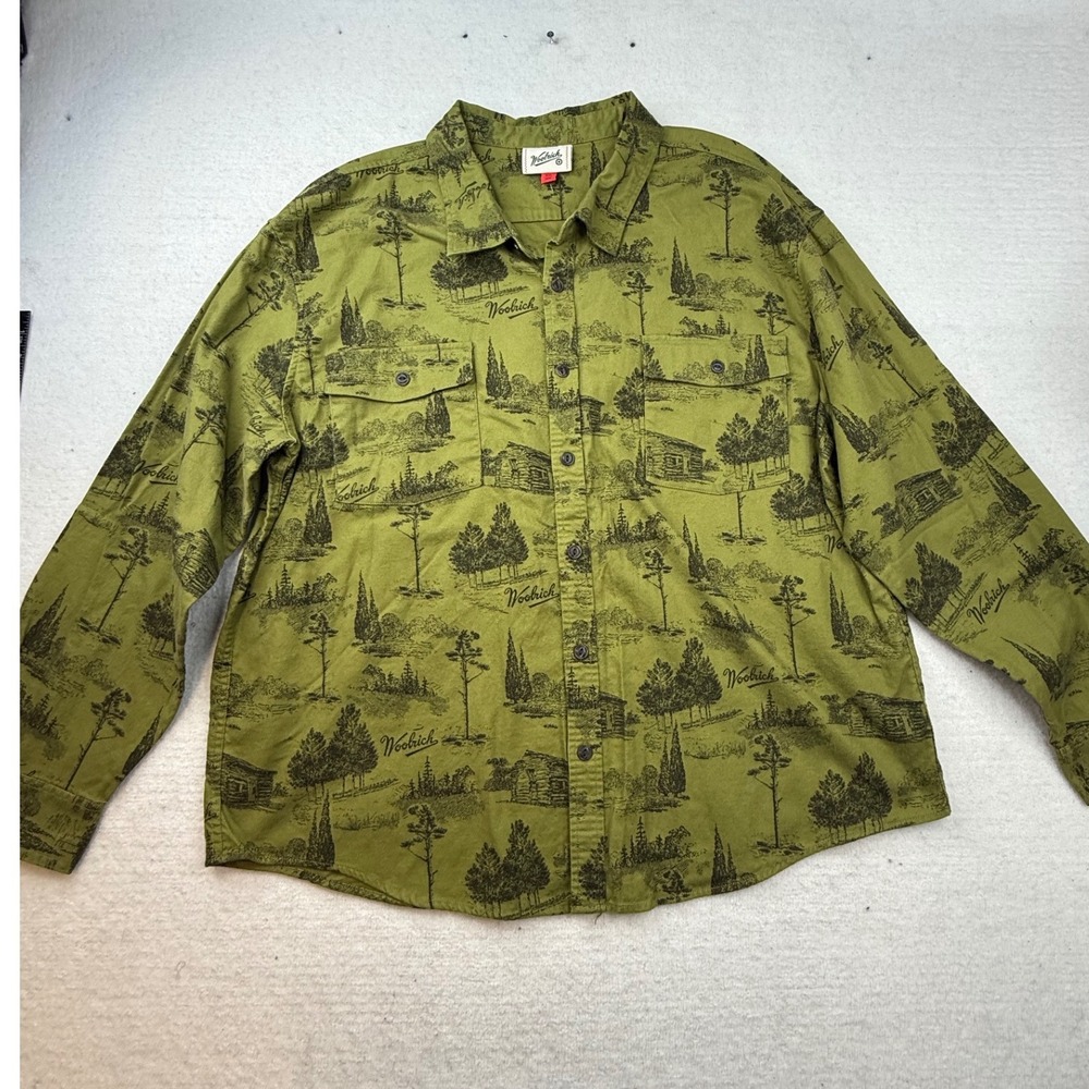 Woolrich Mens Long Sleeve Button Up Shirt Green Print‎ Size XXL gorpcore